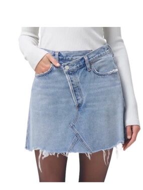 Agolde Criss Cross Buttonfly Distressed Denim Skirt Size 27